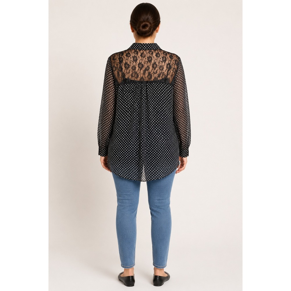 New Directions 2XL Black White Polka Dot Chiffon Lace Back Button Blouse